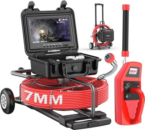 Anysun All in 1 Sewer Camera with Locator & Wheels & Pull Handle, 7MM 300Ft Cable, Self Leveling, Distance Counter, 32GB Card, 9'' HD Monitor, Pipe Drain Inspection Camera IP68 Industrial Borescope