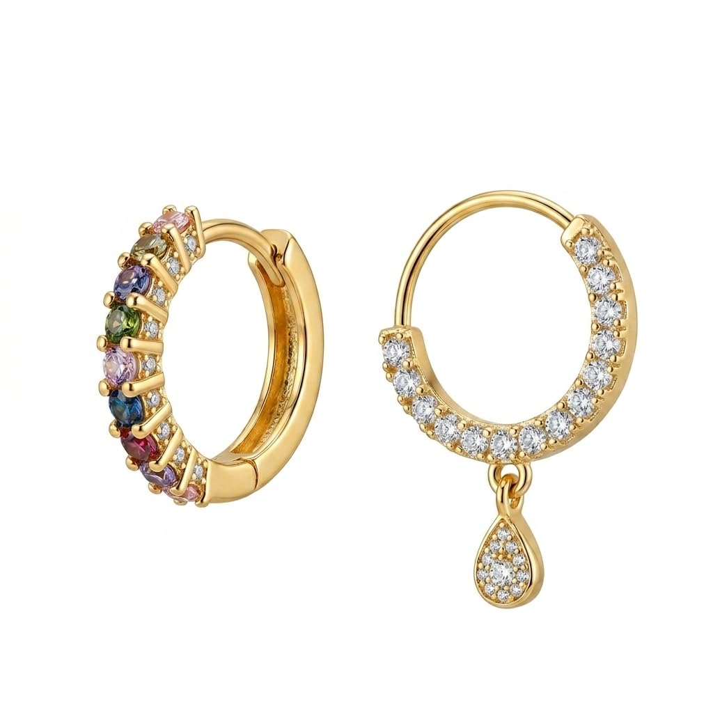 Gold Plated Nose Ring Combo for Women | Crystal Hoop Nose Rings with Multicolor CZ & Teardrop Charm | Pierced Nose Jewellery Set-image-35