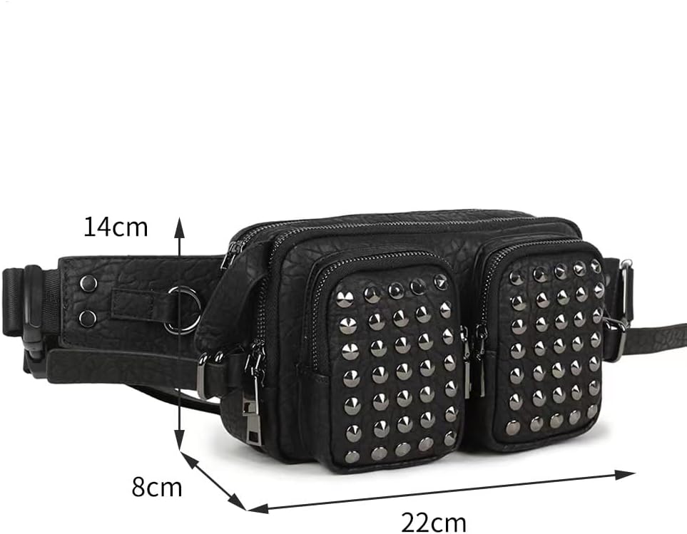 Rivet Waist Bag Leather Fanny Pack Studded Hip Belt Bag Crossbody Sling-Black
