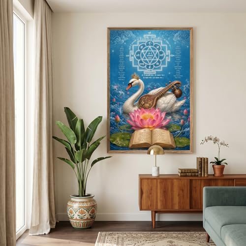 Image of Livin'luxe Saraswati Swan Veena Yantra Wall Painting for Living Room Bedroom Pooja Room Decor with Premium Wooden Color Synthetic Frame, Spiritual Hindu Art Gift (18 x 24) NL01-4090