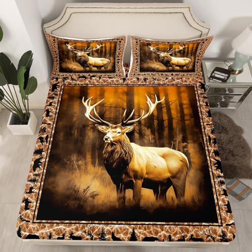 Image of Manfei Deer Fitted Sheet Double Size, Wild Animal Theme Bedding Set, Woodland Adventure Theme Bed Cover with 2 Pillowcases, Kids Boy Teen Room Decor, Soft Polyester Bedding(No Top Sheet)