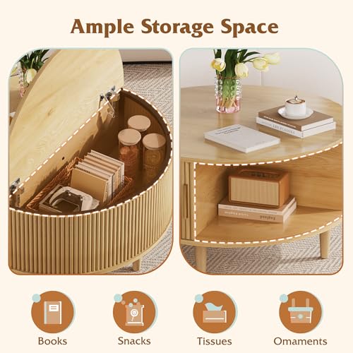 Image of WLIVE 31.5 inch Round Coffee Table with Storage, Natural Oak | with Sliding Cabinet Door, Mid Century Modern Fluted Center Table for Living Room, Small Space. 31.5 inch Dia. x 17.5 inchH