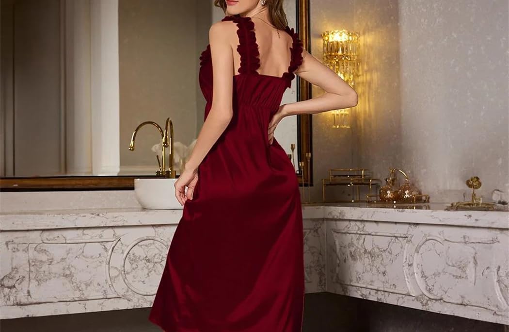 Womens Satin Applique Nightdress Sleeveless Lace Detail Long Sleep Dress Lightweight Lounge Wear