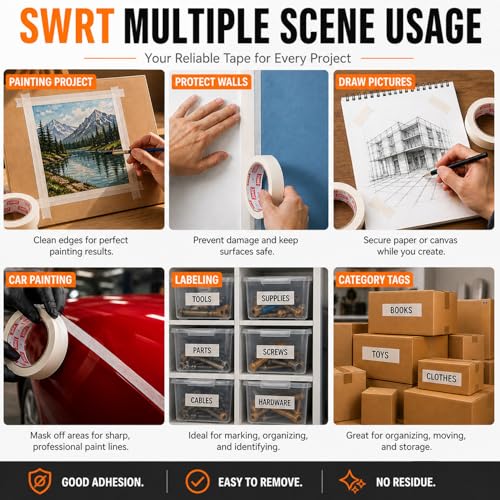 Image of SWRT Masking Tape 0.75 Inch x 55 Yards x 10 Rolls, Bulk White Painting Tape | Clean Removal; Easy Hand Tear; Writable Surface; Painting & Crafts; Labels & Organizing; Light Packaging