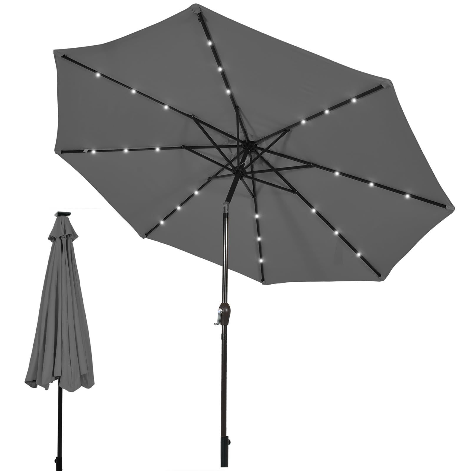 TANGZON 2.3M Garden Parasol Umbrella, Tilting Patio Umbrella with 18 Solar Powered LED Lights & Crank Handle, Outdoor 6-Rib Market Parasol Sunshade for Beach Poolside Balcony (Grey, 3M)