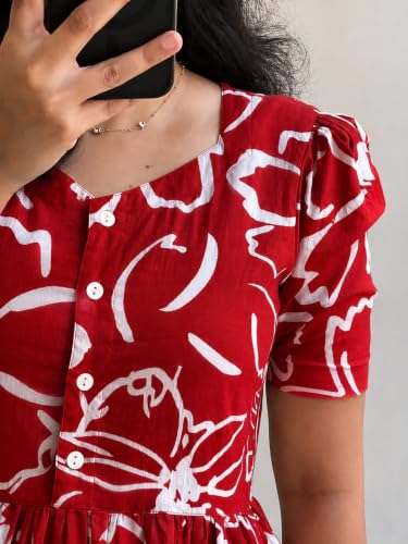 Image of Women's Red Floral Print Tiered Midi Dress