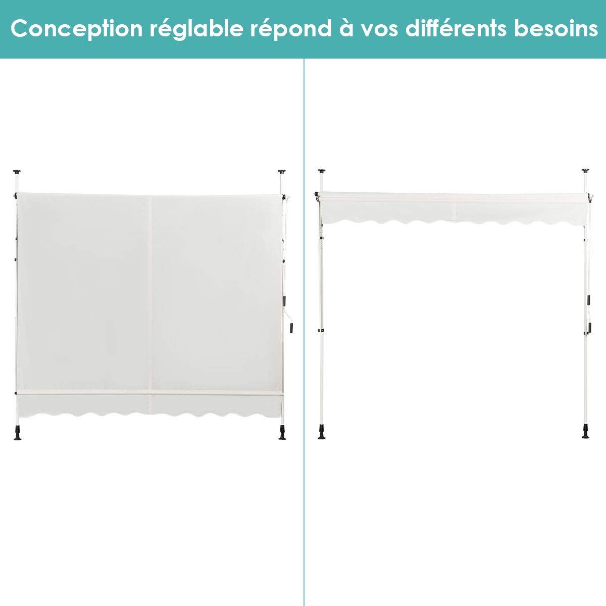 COSTWAY Store Banne Manuel Rétractable de 2,5 x 1,25M avec Manivelle Hauteur Réglable 200-300CM, Auvent de Terrasse en Aluminium Tissu Oxford Imperméable Anti UV, pour Blacon et Porte (Beige)