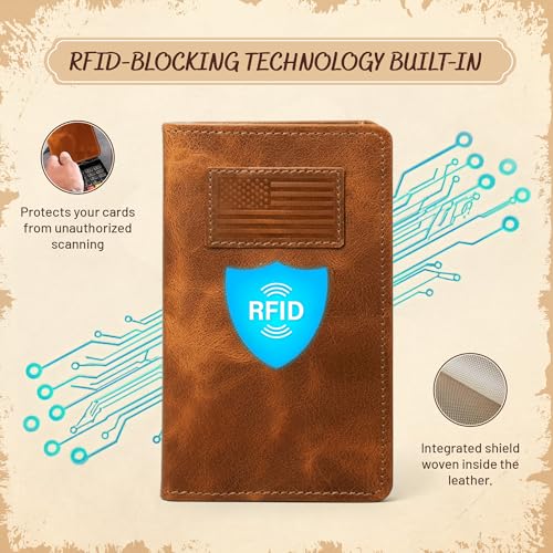 Image of Full-Grain Leather Classic Long Bifold Wallet - Sleek Handcrafted Vertical Wallet - Compact Minimalist Men's Bifold Wallets w / Multiple Card Slots, 2 Long Side Pockets, and Sleeve (American Flag)