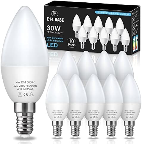 Fulighture E14 LED Light Bulb Cool White [10-Pack], Daylight White 6000K, 4W (40W Incandescent Equivalent) 400lm, Small Screw Candle Light Bulbs for Chandeliers, Wall Lamps, Non-Dimmable