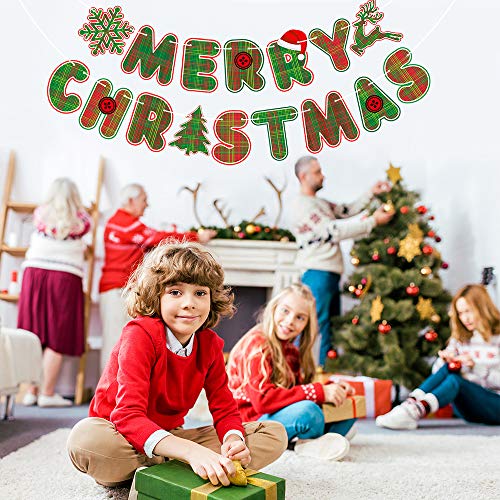 GAGAKU Merry Christmas Banner Red Green Plaid Letters Xmas Garlands Sign Bunting Banner for Fireplace Snowflake Reindeer Holiday Decorations with Glitter Circle Dots Hanging String