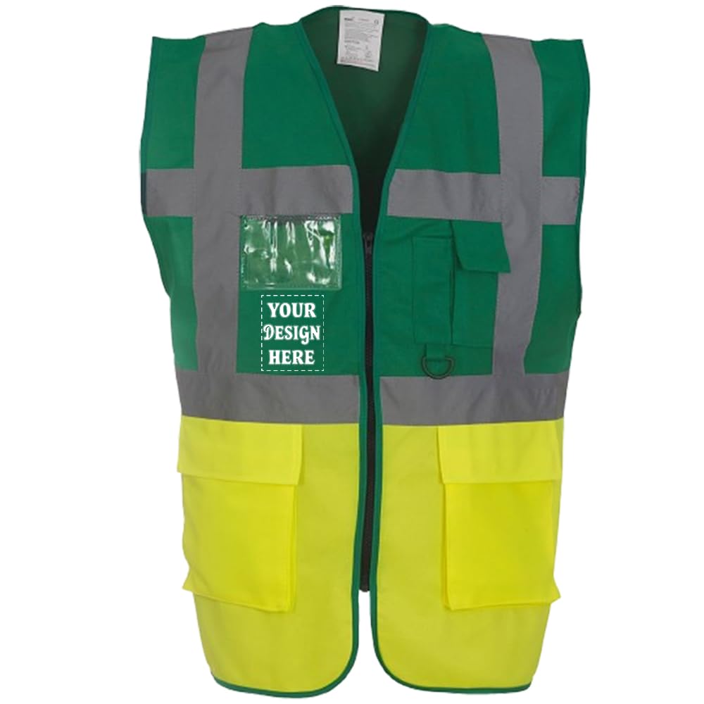 D&T Personalised Hi-Vis Reflective Vest with Zipper and Pockets – High Visibility Safety Waistcoat – Unisex Polyester Workwear (UK, Alpha, 3XL, Regular, Regular, Green/Hi Vis Yellow)