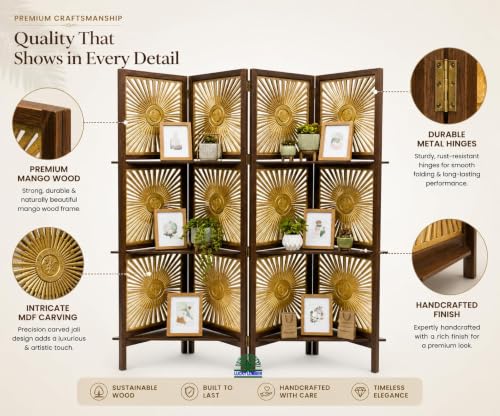 Image of Elegant Wooden Room Divider Screen with Shelves | Foldable 4 Panel Privacy Partition Wall Featuring Golden Sunburst Art Design for Home, Living Room & Workspace