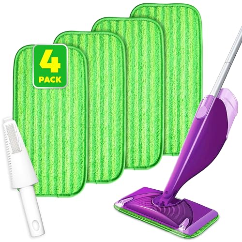 Befanty 4 Pack Reusable Mop Pads Compatible with Wet Jet Wet Pads Refill for WetJet Microfiber Cloths for Hardwood Floors Cleaning Machine Washable Mop Pads Wet Dry Use Scraper Included