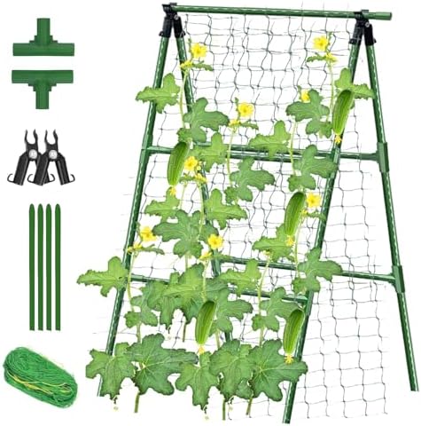 Groumh Reinforced Metal Cucumber Trellis, A Frame Trellis Metal Garden Trellis Tomato Plant Cage for Climbing Plants Outdoor on or Off Raised Bed | Vegetables and Cucumber Trellis for Garden