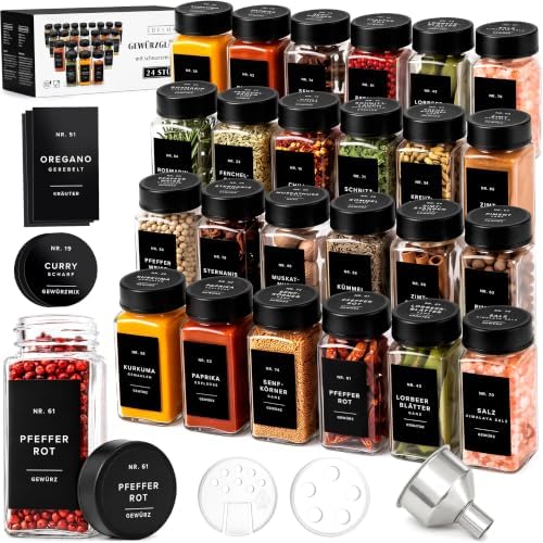EDELHAUS Gewürzgläser Eckig Set mit Deckel (24 x 120ml) - Gewürzstreuer | Luftdichte Gewürzbehälter mit Streueinsatz 240 Etiketten Schwarz - Gewürzdosen, Gewürz Organizer Schublade