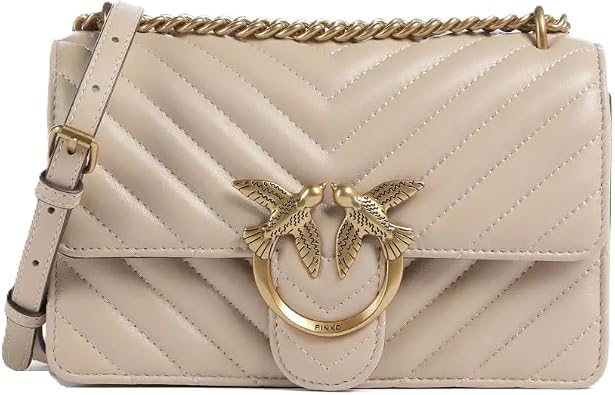 Pinko Love One Shoulder Bag, Beige, Leather, Chevron Quilt Effect, 21 x 13 x 5.5 cm, with Flap Closure, Antique Gold Electroplating