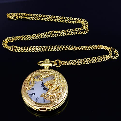 Image of Dragon Design Quartz Pocket Watch Roman Numerals with Chain Birthdays Gifts for Father's Days