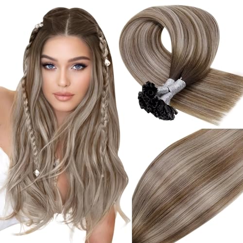 Vivien Balayage U tip Hair Extensions Real Human Hair Dark Brown Ombre Light Brown with Medium Blonde U Tip Hair Extensions Hot Fusion Nail Tip Human Hair Extensions 22 Inch 50g/50s #3/8/24