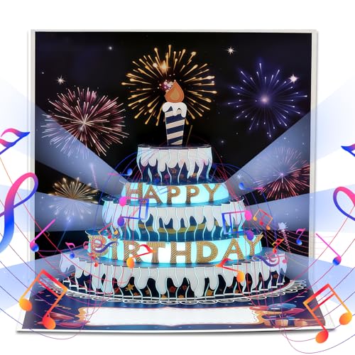 Carte Anniversaire Fille 3D Pop Upavec Musique et Lumière,﻿Gâteau D'anniversaire 3D,Carte de Voeux avec Music et Lumière,Enveloppe Cadeau d'Anniversaires Élégant,Pour Femmes, Hommes et Enfants