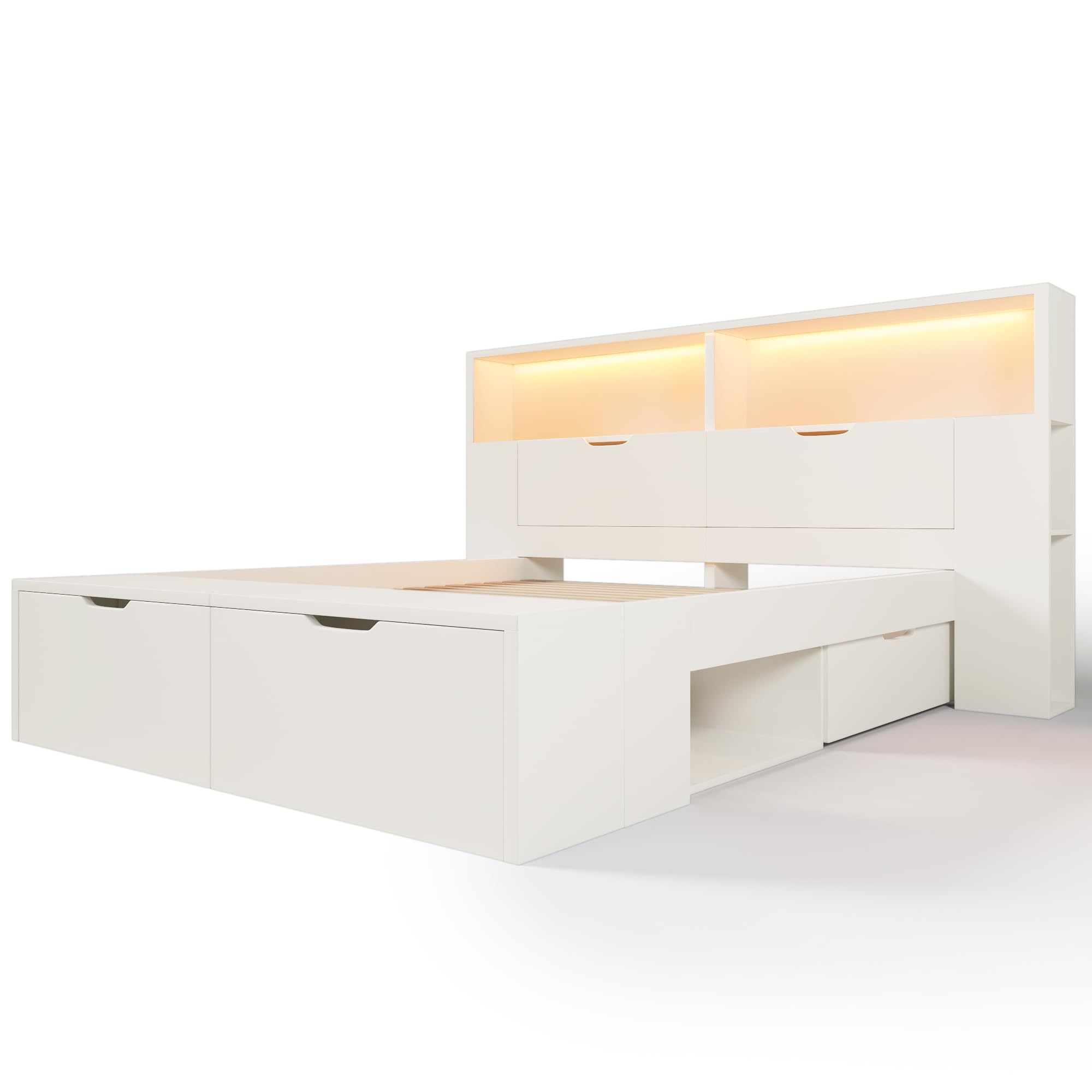 Zepneiy Lit Enfant 140x200 avec LED et USB, Lit Double 140x200 avec Tabouret Queue et tiroirs, avec étagères et sommier à Lattes, pour Adolescent et Enfant, Cadre de en Bois Blanc(sans Matelas)