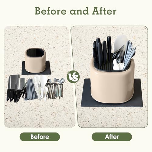 Image of Tissting 2-in-1 Knife Block & Utensil Holder, Countertop Organizer | Drainage Base | Space Saving | Kitchen Storage | Knives & Forks & Chopsticks (Beige)