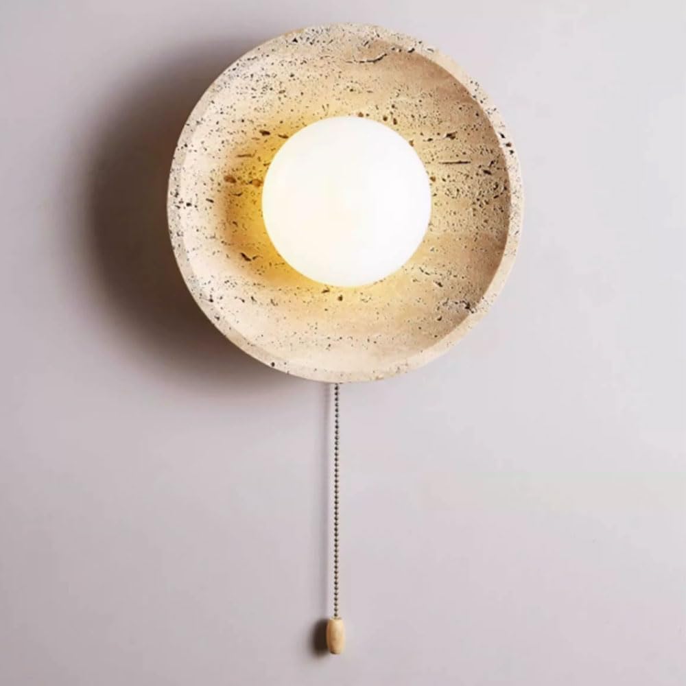 GUOGUOSM 9.8in Round Yellow Travertine Wall Light, Wabi Sabi Style Indoor Wall Sconce, Natural Stone Wall Lamp, Living Room Corridor Bedroom Decorative Lighting Fixtures