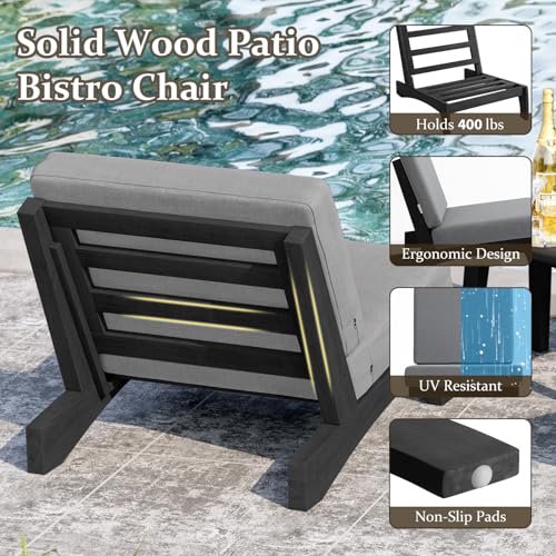 Image of Pia Ricoo Patio Chairs Set of 2, Heavy Duty Wood Patio Furniture Set with Thick Cushions, Bistro Set All-Weather Outdoor Chairs for Balcony, Deck, Poolside, Porch - Gray /Dark