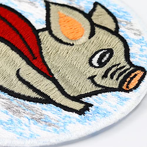 Image of Superhero Piggy Patch Iron-On | Superhero Pig sew On Emblem Flying Pig | Go Veggie Badge Vegan Animal Welfare | Say no to Meat | Fabric Applique| Gift for Kids and Adults - 2.75X2.75 in