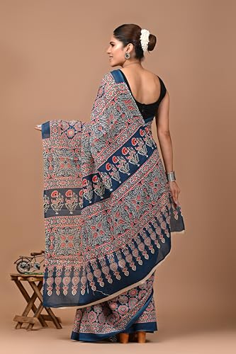 Image of Crafts Moda Hand Block Ajrakh Print Cotton Saree for women with Blouse | Soft comfortable wear sari