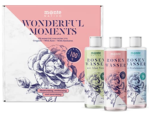 Agua de rosas de Monte Nativo - Set regalo mujer (3x200 ml) - Agua de rosas original, con aloe vera, con ácido hialurónico - Cosmética natural 100% para el cuidado de la piel - Cuidado facial