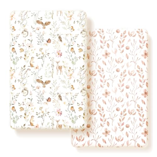 Pack n Play Sheets FItted 2 Pack, Stretchy Ultra Soft Jersey Knit Pack and Play Sheets, Universal Fitted Portable/Mini Crib Mattresses Snug and Safe, Beautiful Blush Pink Floral and Cute Animals Print