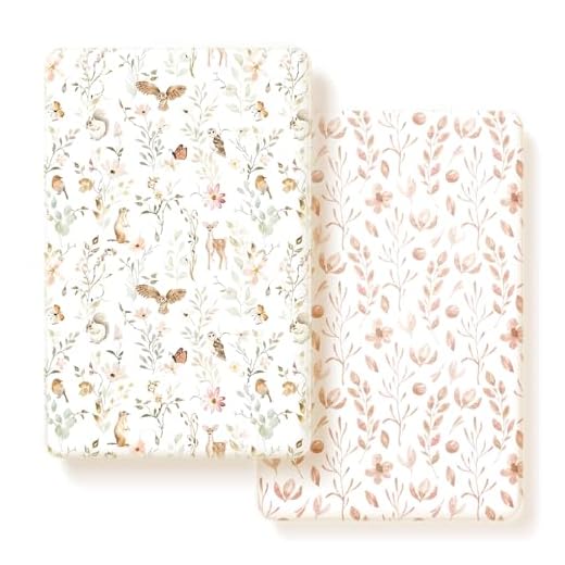 Pack n Play Sheets FItted 2 Pack, Stretchy Ultra Soft Jersey Knit Pack and Play Sheets, Universal Fitted Portable/Mini Crib Mattresses Snug and Safe, Beautiful Blush Pink Floral and Cute Animals Print