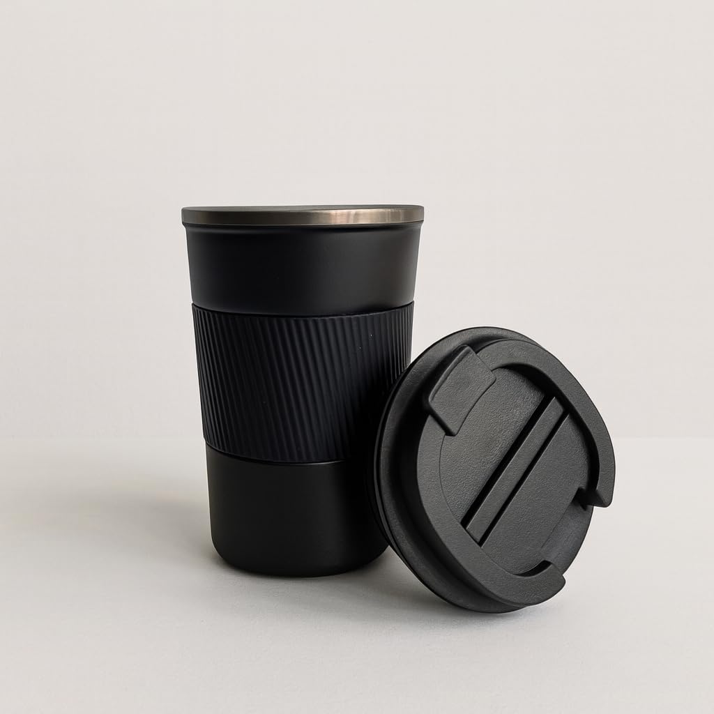 YELONA Black 380 ML Insulated Stainless Steel Coffee Tea Tumbler for Hot Cold Beverages Portable Travel Mug Leak Proof Sipper Lock Lid Thermos Multipurpose for Home Office Gifts