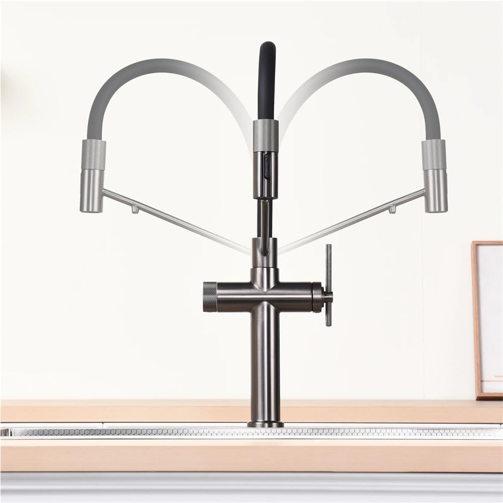 QHQQXN Rubinetto da Cucina Moderno Estraibile in Ottone, Acqua Calda e Fredda, Pistola a spruzzo a 2 funzioni, Finitura Grigia, connessione G3/8, Perfetto per lavelli Moderni e Uso efficiente