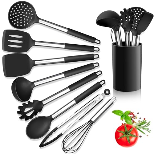 Herogo Lot de 9 ustensiles de cuisine en silicone avec poignée en acier inoxydable, résistant à la chaleur, spatule, cuillère tournante avec support, antiadhésif,...