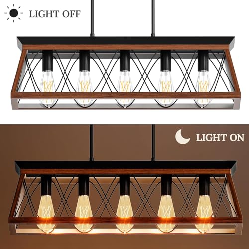 DWVO 5-Light Pendant Lights Island Fixture, Farmhouse Rustic Rectangular Chandelier for Dining Room, Kitchen, Living Room, Entryway