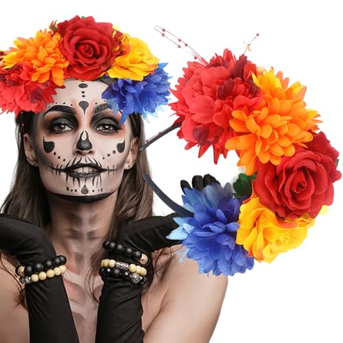 BASEMMAHER Diadema con corona de rosas para el Día de los Muertos, Halloween, Frida, arco iris mexicano, corona floral, accesorios para el cabello, accesorios para el cabello para mujer, disfraz de