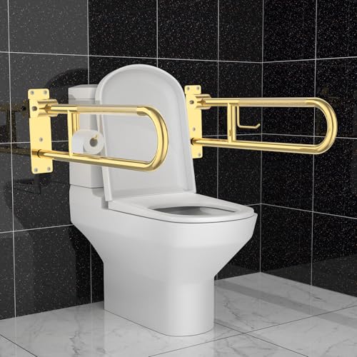 Image of Toilet Grab Bar 30.3 Inch Gold, Munzong Anti-Slip Handicap Grab Bars with Paper Holder, Flip-Up Bathroom Safety Rails, Stainless Steel Knurled Support handrails for Seniors Elderly Disabled Pregnant