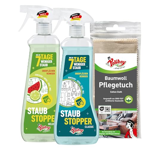 POLIBOY Staubstopper Allzweckreiniger Set - Mit Antistatik-Effekt gegen Staub – Möbelreiniger in den Düften Classic & Melon-Lime – Universalreiniger inkl. Baumwolltuch – 2 x 500 ml - Made in Germany