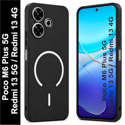 Image of SBMS Silicone Back Cover Case for Redmi 13 5G / 13 4G / Poco M6 Plus 5G | Soft Micro-Fibre Lining Inside | Magsafe Print On Back Side Camera Protection Bump | Shockproof Case Redmi 13 (Black)