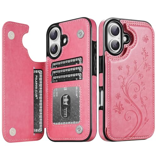 Korecase Compatible with iPhone 16 Plus Wallet Case with Credit Card Holder, Butterfly Double Magnetic Back Flip PU Leather Kickstand Card Slots Cover for Women, Pink