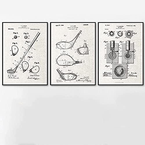 Lienzo Pintura Vintage Golf Patente Poster y Grabados Golf Regalo Idea Retro Golf Deportes Pared Arte para Sala de estar Oficina Cuadro Golf Campo Decoracion Sin marco 30×40cm×3 piezas