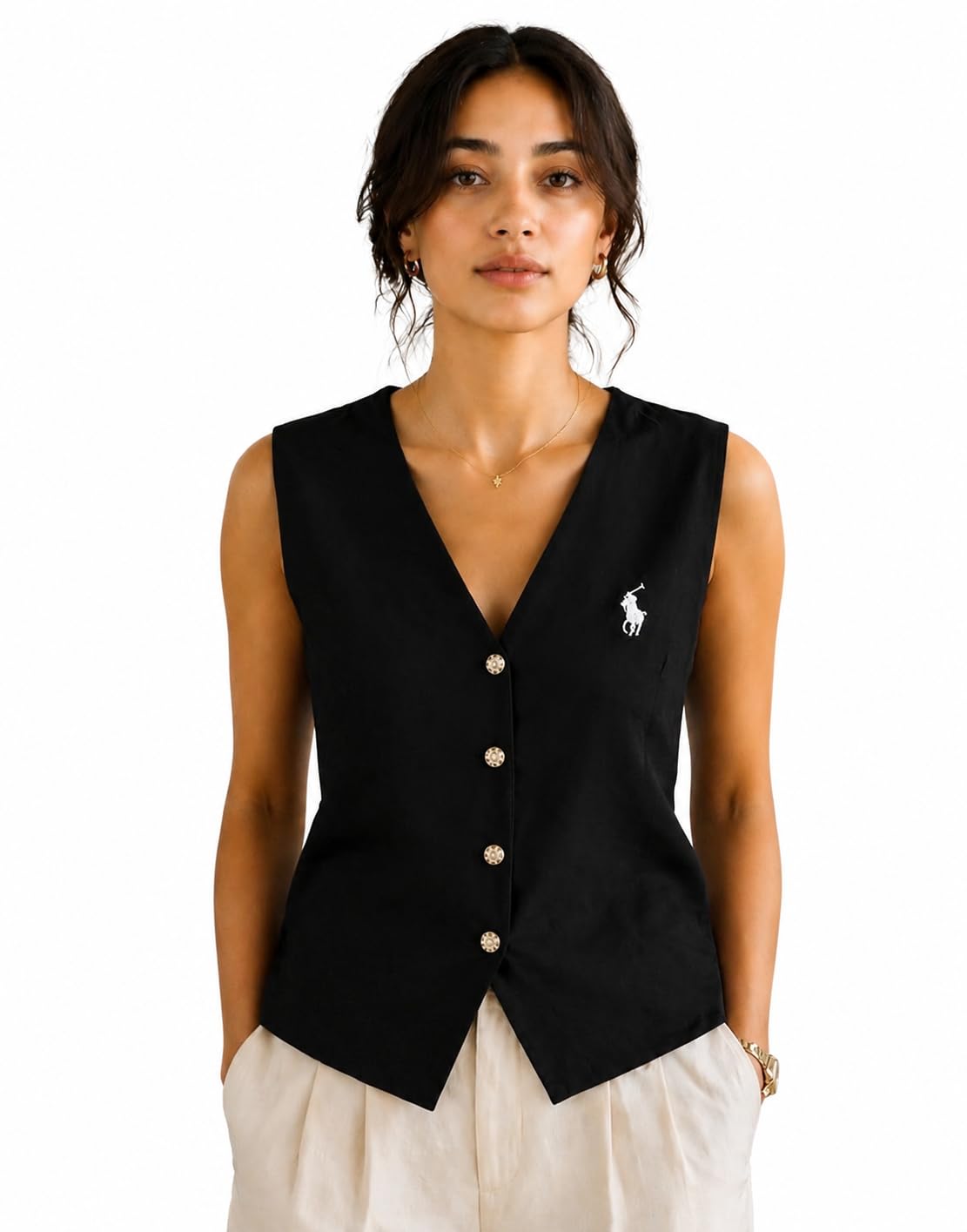 Women's Sleeveless V Neck Button Down Waistcoat Top (IN, Alpha, S)-image-45