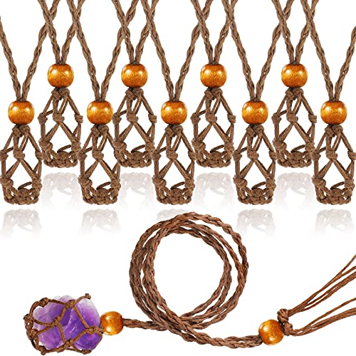 9 Pieces Crystal Necklace Holder Necklace Cord Empty Stone Holder Quartz Raw Stone Necklace Cage Pendant Stone Holder Replacement Necklace Rope Adjustable Length for DIY Jewelry Making (Brown)