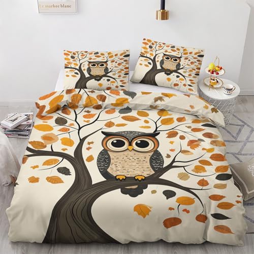 Housse de Couette 140x200 Hibou - Decoration Hibou, Parure de Lit 1 Personne Imprimée Oiseaux Arbre Automne, Linge de Lit en Microfibre Douce avec Fermeture éclair, 1...