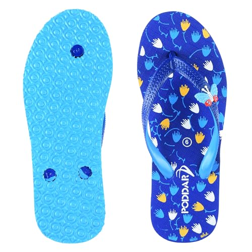 Image of Poddar Women's & Girls' Stylish Rubber Flip Flops | Lightweight Comfort Slippers for Home & Outer| Soft Printed Floral Chappals with Butterfly Detail - Turquoise & Blue (Size 4-8 UK)