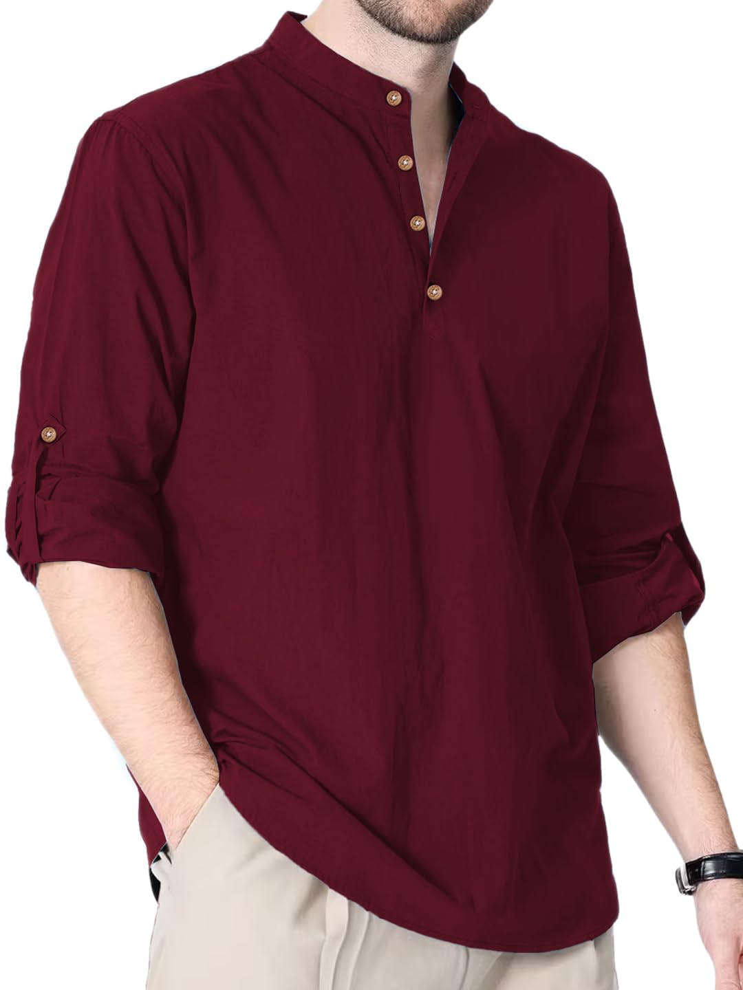univibe Cotton Blend Solid Casual Slim Fit Mandarin/Chinese Collor Short Kurta for Men (KRTBTN38)-picture-14