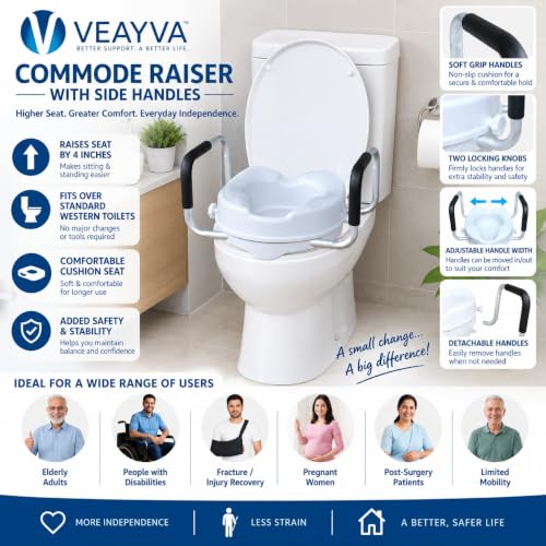 Image of Commode Raiser Raised Toilet Seat with Handles - 5 High-Rise Commode Riser for Seniors, Adults & Disabled | Removable Arms | Fits Round Toilets | Bathroom Safety Aid for Elderly