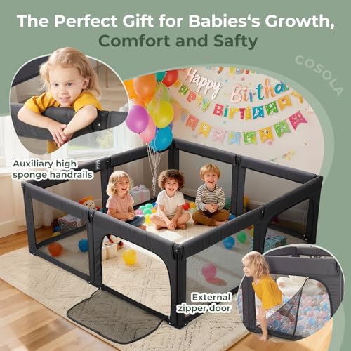 Image of Foldable Baby Playpen, Shape & Size Adjustable Playpen for Toddler, 79x71 Large Play Pens Safety Mesh Foldable Playard for Babies, Portable Baby Fence Play Area Kids Play Pen, Black
