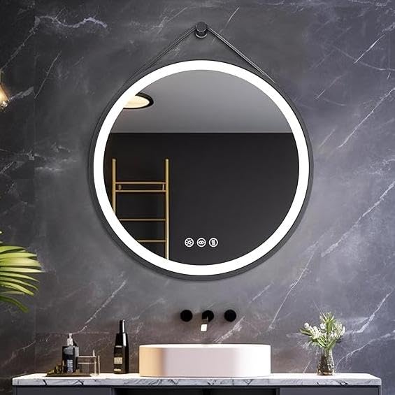 LUVODI Espejo Baño con Luz Redondo 70 cm Espejos Led Maquillaje Circular Espelho Banho con Marco Negro y Cuerda, 3 Colores de Luz Frontal Regulable, Antivaho, Funcion Memoria Espelho Banho Industrial